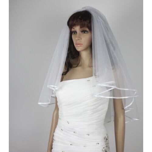 2 tier narrow ribbon Bridal Veil White Beige Elbow Length & Comb