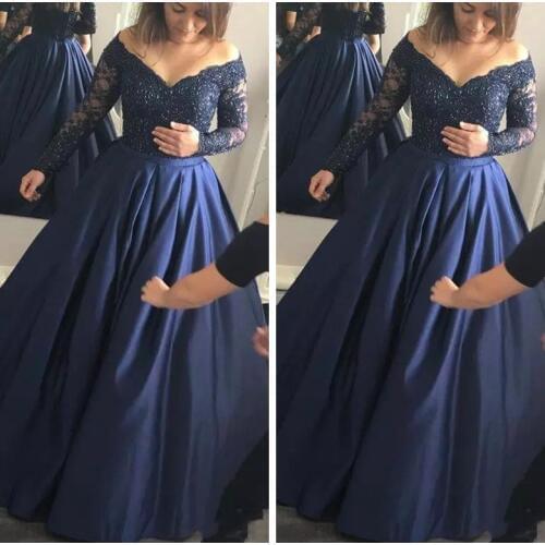 2021 Modest Long Sleeves Lace Top A-Line Evening Dresses Navy Blue Formal Lace Up Back Prom Party Gowns Customized Vestidos