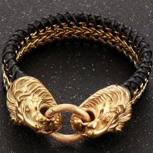 Viking Stainless Steel Lion Head Charm Bracelet for Men Cowhide Leather Homme Armbanden Cool Punk Mens Cuff Bangle Jewelry Gift