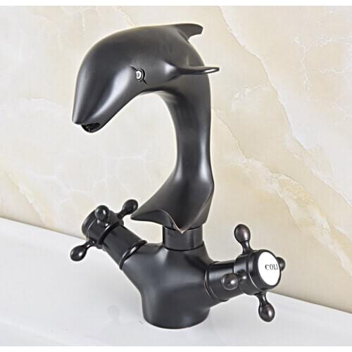 Black Oil Rubbed Bronze Swivel Spout Dual Cross Handles Cute Animal Dolphin Style Bathroom Kitchen Sink Faucet Mixer Tap msf847