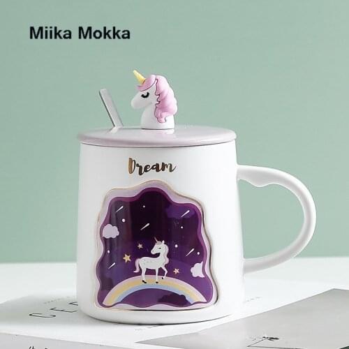 Unicorn Coffee Mug Ceramic Mug with Lid and Spoon Swan Bear Deer Cute Animals Relief Milk Tea Cup Coffee Cup Drinkware