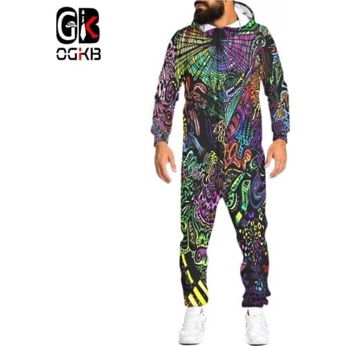 OGKB Women 3D Pattern Graffiti Print Loungewear Unisex Loose Hooded Zipper Open Sleepwear Onesies For Adult Jumpsuits Wholesale