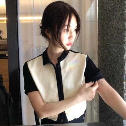 Korea Chic Niche Retro Lapel Leather Velvet Black and White Contrast Stitching Loose Short-Sleeved Sweater T-Shirt Top