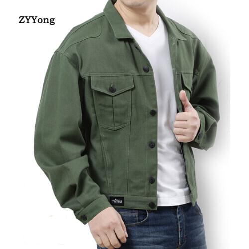 Men Denim Jacket Men Washed Loose Black Army Green Denim Jacket Classic Denim Jacket with Collar for Men Casual Fashion Spring