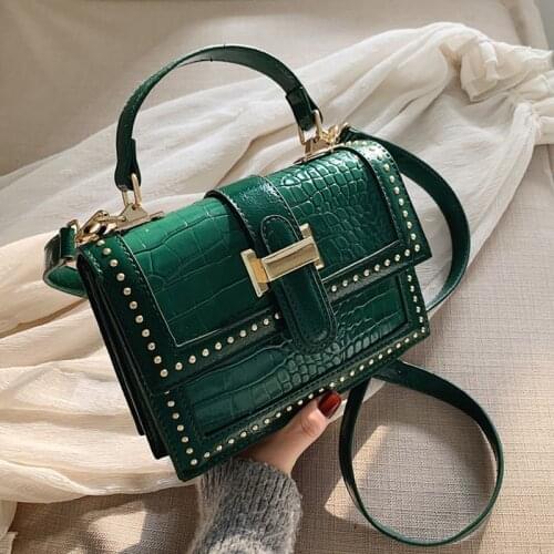 Green Crocodile Pattern Fashion Women Tote Bag Hit Color Design Leather Rivet Tote Purse Bags