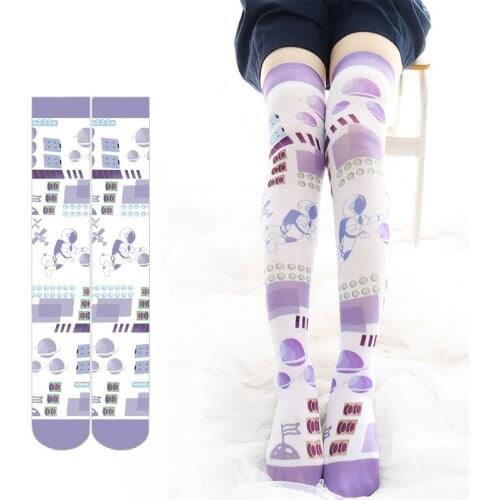 Lolita Fashion White Stockings Hand Astronaut Theme Velvet Long Stocking Women Long Overknee Tights Socks