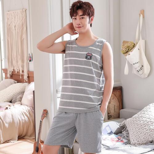 Mens Vest Shorts Striped Pajamas Cotton Pyjamas Set Summer Thin Knit Sleepwear Set Loungewear Plus Size L,XL,XXL,XXXL,4XL