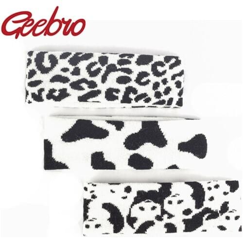 Geebro Fashion Printed Black And White Zebra Pattern Headband Stretch Sweatband Cow Pattern Knitted Hair Band Women Men Headwear