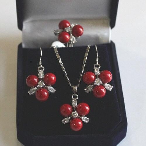 8mm red shell pearl earring pendant ring#7/8/9