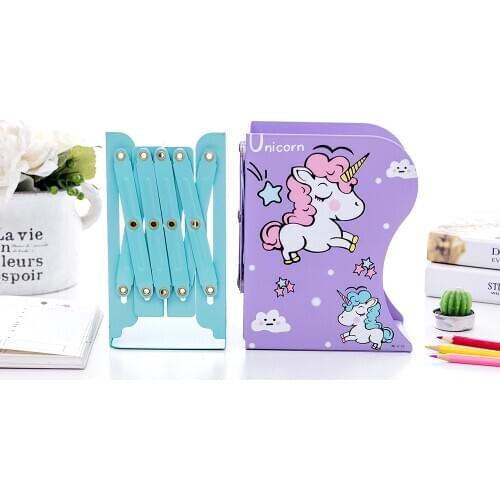 Retractable Bookends Cartoon Unicorn Book Support Stand Foldable Office Desk Metal Book Organizer Adjustable Students' Bookshelf