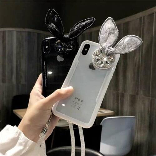 Lace Rhinestone Transparent Mobile Phone Protective Case for IPhone 12 11 Pro Max XS XR X Plus Mini with Holder Stand Lanyard