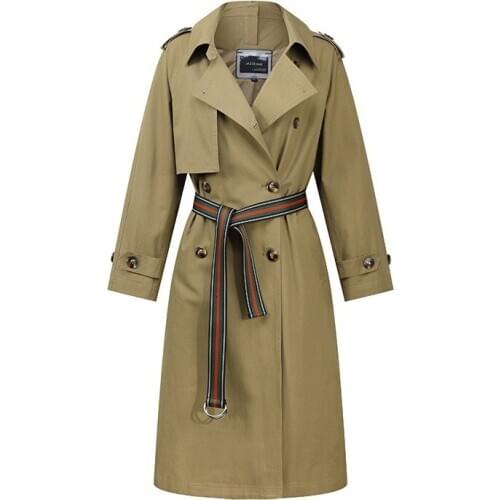 Trendy Waistband Windbreaker Autumn Womens Long Coat Jacket Fashion British Style Solid Color Double-breasted Knee-Length Women