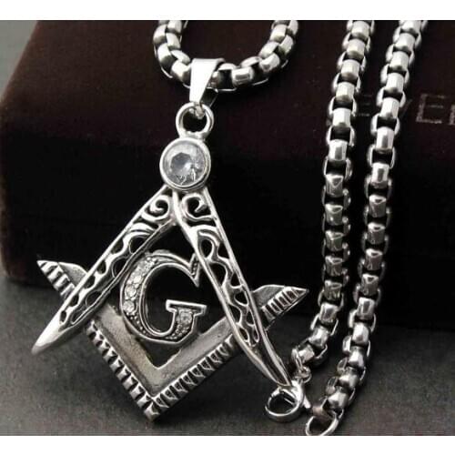 Vintage Biker Stainless Steel Crystals Square Box Chain Necklace Cool freemasonry Masonic Pendant 3mm24