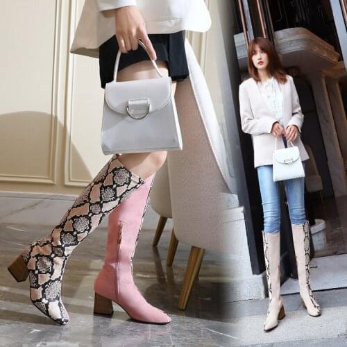 YQBTDL 2020 Fashion Half Suede Half Snake Print Knee High Womens Boots Pink Winter Long Ride High Heels Ladies Boots Shoes 34-43