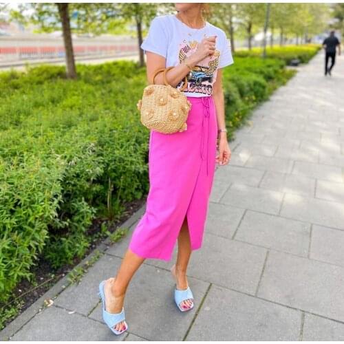 XEASY 2021 New Summer Women Rose Red Vintage Casual Wrap Skirt Female Fashion Lace Slim Hight Waist Split Midi Skist