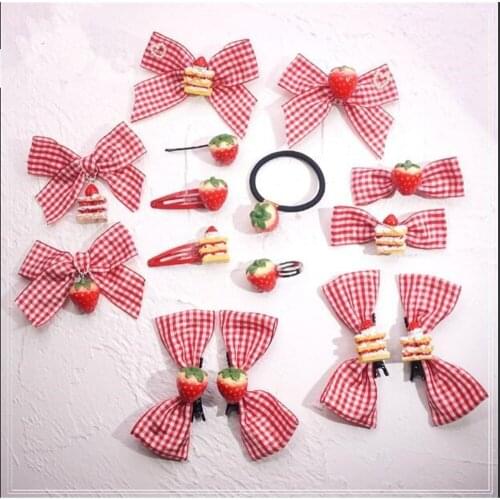 Sweet Girl Classic Plaid Strawberry Bowknot Hair clip Lolita Womens Kawaii Hair Pin Headwear Cosplay Side clip B952
