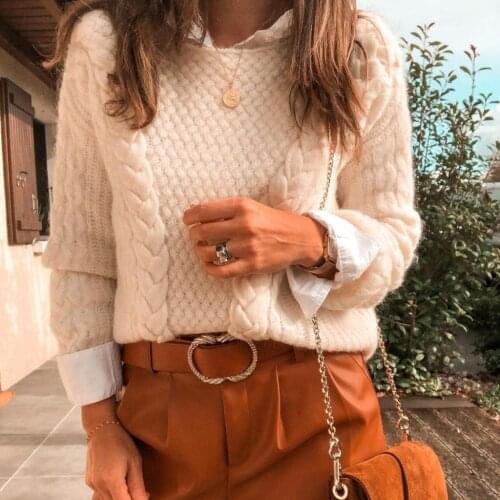 Tricoté femmes pull automne 2021 Vintage O cou à manches longues torsadé fleur Chic pull bureau dame tricoté pull hiver Tops