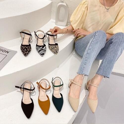 2021 Summer New Flying Woven Womens Shoes Buckle Leopard Print Knit Shoes Pointed Toe Mid-heel Shoes Ladies Shoes and Sandals