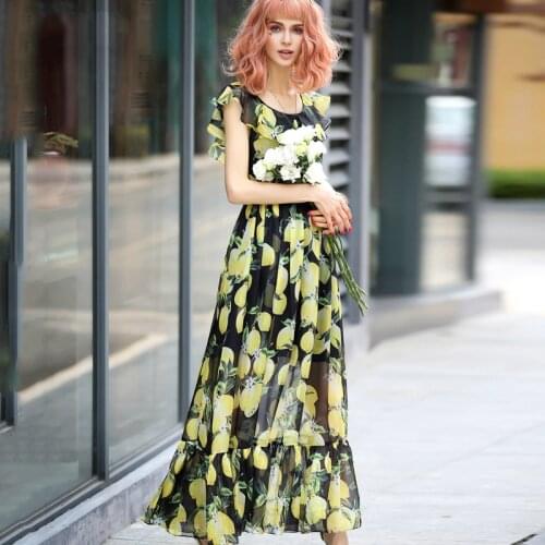 Womens new fashion summer autumn Runway Designer Boutique A-Line Dress Fresh Yellow Lemon Printed Fishtail Mermaid dresses