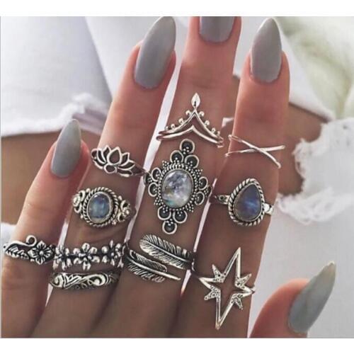 11 Pcs/Set Boho Carving Flowers Leaves Water Drop Stars Crystals Gem Joint Ring Fashion Lady Party silver colour Ring Set Combi