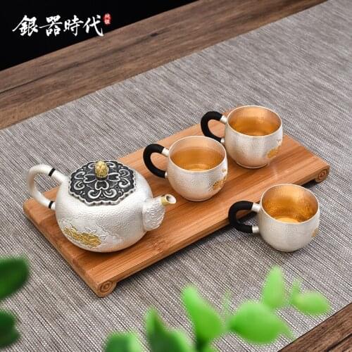 Ag999 Sterling Silver Tea Set Gold Planted Teapot Coffee Pot Teacup Kitchen Utensils