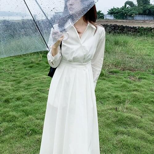 Long White Dress Women Office Lady Elegant Dresses for Women Korean Fashion One Piece Long Sleeve Dress Shirt-shaped Dress 2021