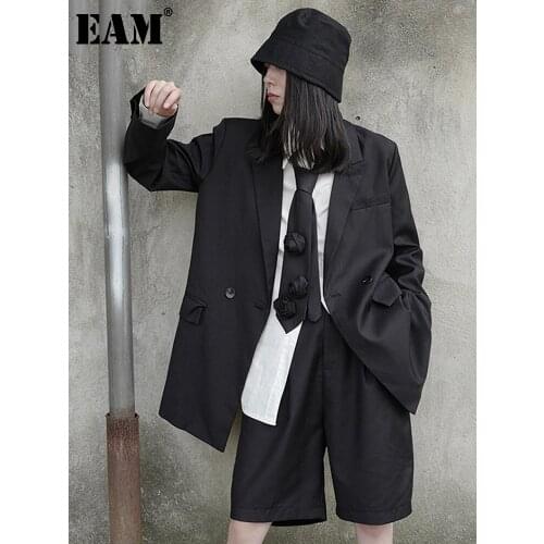 [EAM] Wide Leg Knee Length Pants Two Piece Suit New Lapel Long Sleeve Black Loose Fit Women Fashion Spring Autumn 2021 1X657