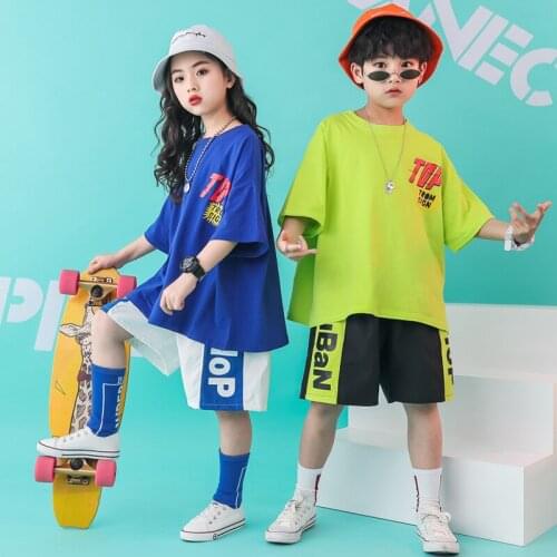 Boys Hip Hop T-shirt Girls Loose 2 Pcs Set Kid Summer Short Sleeve Tee Sport Shorts Street Dance Clothes Teen Jazz Child Costume