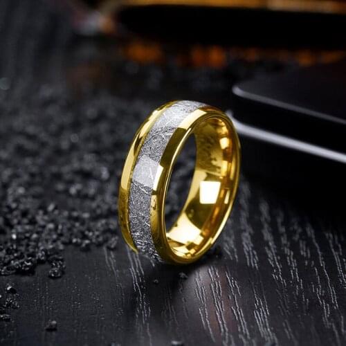 I & FDLK Luxurious 8MM Gold Color Dome Stainless Steel Ring Meteorite Inlay Wedding Engagement Band Anniversary Party Gifts