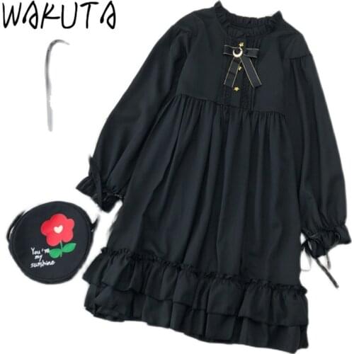 WAKUTA Japanese Fashion Lolita Soft Girls Midi Dress Sweet Preppy Bow Ruffles O Neck Long Sleeve Black Dresss for Teens Vintage