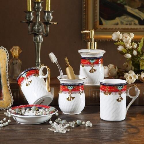 Bathroom Accessories Set Ceramic Soap Dispenser Toothbrush Holder Gargle Cups Soap Dish 304 SUS Head 5 Pieces Set Wedding Gift