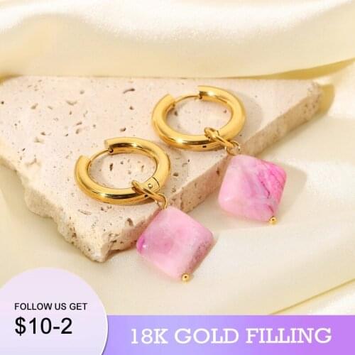 2022 New 18KGF natural pink stone women gifts jewelry stainless steel hoop earrings for women