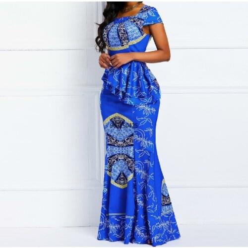 News Ankara Style Clothes for Women Party Robe African Dresses Plus Size Clothing Fashion Print Square Neck Ruffle Long Skirt