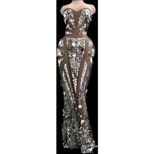 Sexy Mesh Perspective Sequins Party Long Dress Women Prom Party Halter Backless Birthday Dress Singer Stage Show Wear