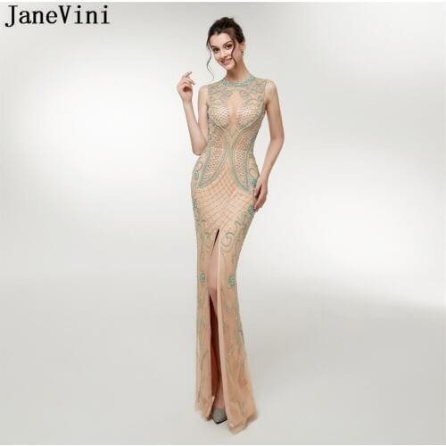 JaneVini Luxury Beaded Long Mermaid Bridesmaid Dresses Floor Length Sexy High Split Illusion Tulle Dubai Formal Prom Party Gowns