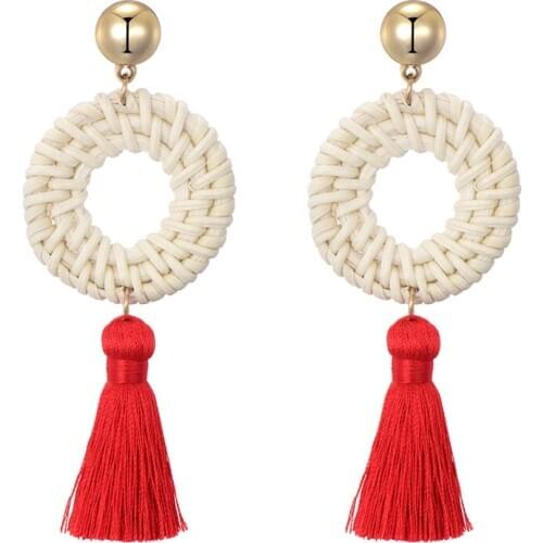 Rattan Earrings for Women Handmade Jewelry Straw Wicker Braid Tassel Drop Dangle Earings Lightweight Geometric Statement Earring