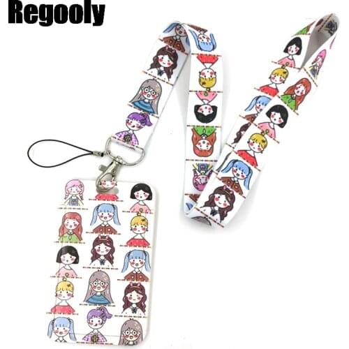 Cartoon Girl Colorful Hearts Lanyard Credit Card ID Holder Bag Student Women Travel Card Cover Badge Car Keychain Decorations