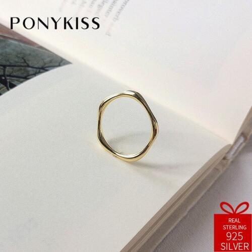 PONYKISS Trendy 100% 925 Sterling Silver Simple Polygon Ring Jewelry Women Party Chic Accessories Birthday Fine Jewelry Gift