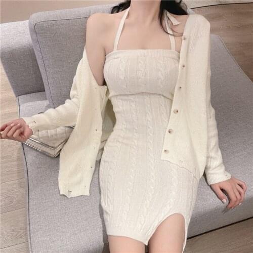 Sweater Cardigan Two-Piece Hanging Neck Sheath Mini Dress+Coat Knitting Condole Belt Hand Frayed Sweet Girl Clothing Casual Top