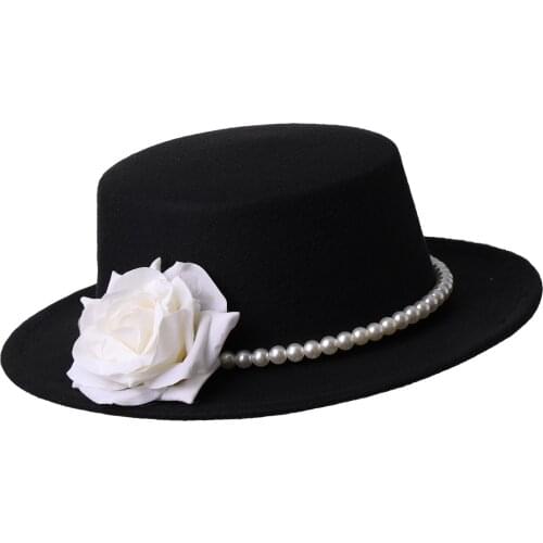 Women Black Hat Vintage Victorian Style Pearl Rose Veil Fedora Wide Brim Sun Hat