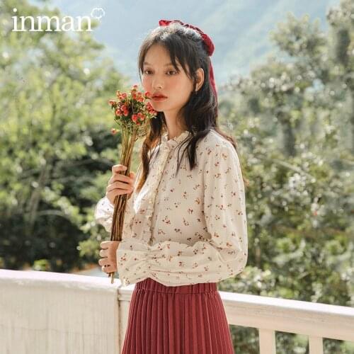 INMAN Spring Autumn Elegant Falbala Stand Collar Long Sleeve Shirt Lace Cuffs Prairie Chic Style Blouse