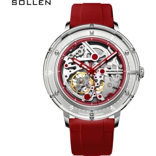 SOLLEN Brand Hot Sale 2021 Skeleton Hollow Women Mechanical Watches Luxury Rubber Srrap Luminous Hands Automatic Women Watch