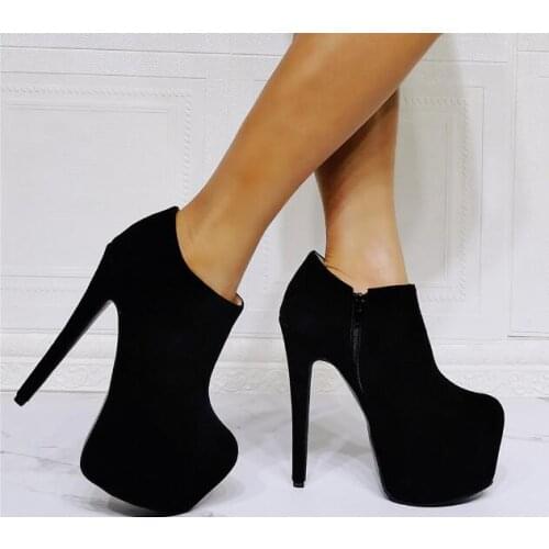 Dipsloot New Woman Solid Black Suede Super Stiletto Heels Platform Ankle Boots Female Round Toe Party Dance Shoes Big Size 47