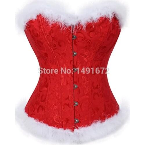 Womens Christmas Santa Costume Sexy Corset Bustier Lingerie Top White Feathers Corselet Overbust Plus Size Sexy Red Burlesque