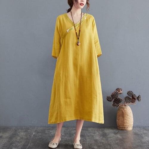 Women Cotton Linen Long Dress New 2021 Summer Vintage Style V-neck Embroidery Loose Female Half Sleeve Casual Dresses S3935