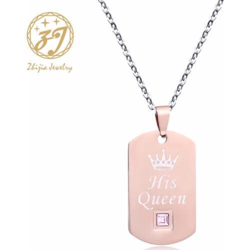 Zhijia Gold Black Stainless Steel Couple Necklaces Her King & His Queen Crown Tag Pendant Necklace with Stone Dropshipping