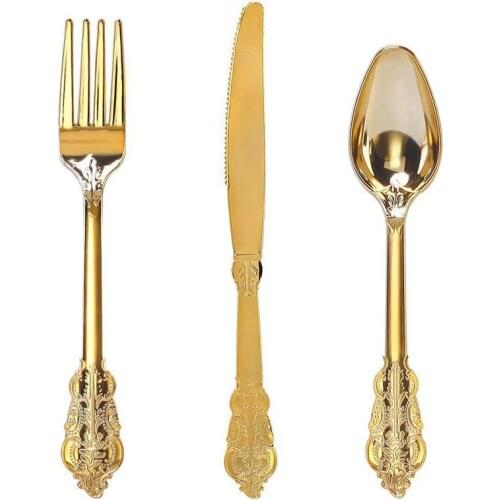 15Pcs Disposable Tableware Plastic Retro Gold Spoon Birthday Party Decorations Bachelorette Party Anniversaire Party Tableware