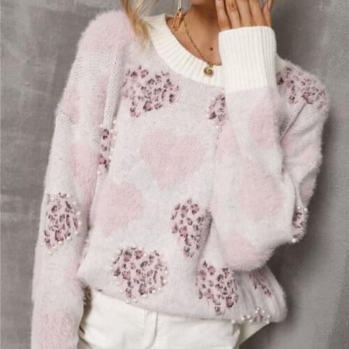 2021 Autumn Winter Women Sweater Korean Love Heart Knitted Pullovers Tops Causal Long Sleeve O-neck Leopard Sweaters Femme Mujer