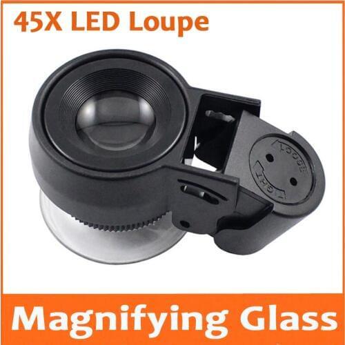 45 Times 21mm Focus LED Illuminated Adjustable Magnifying Glass 45X Pocket Magnifier Mini Plastic Jewelery Stamp Reading Glass
