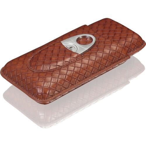 LUXFO Leather Cigar Case Humidor Holder Hold 3 Cigars With Cutter